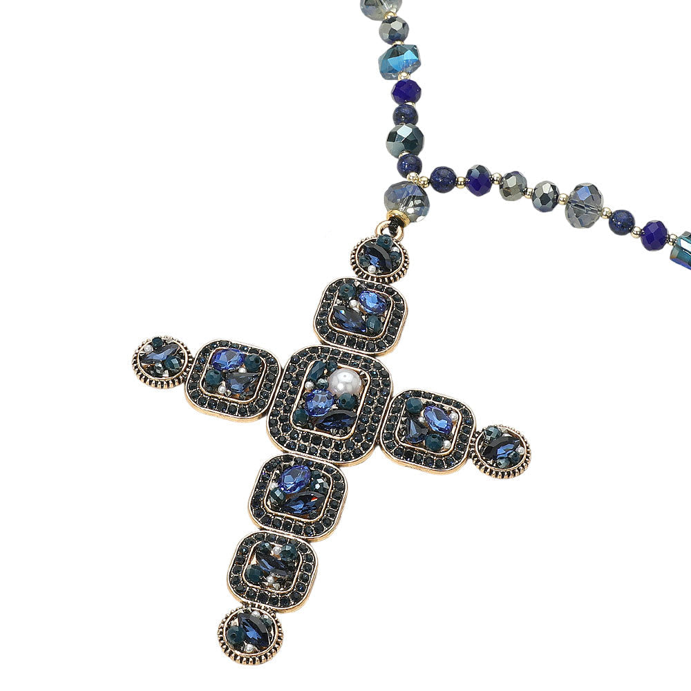 DOORBUSTER!! Oversized Crystal Cross Necklace in Navy