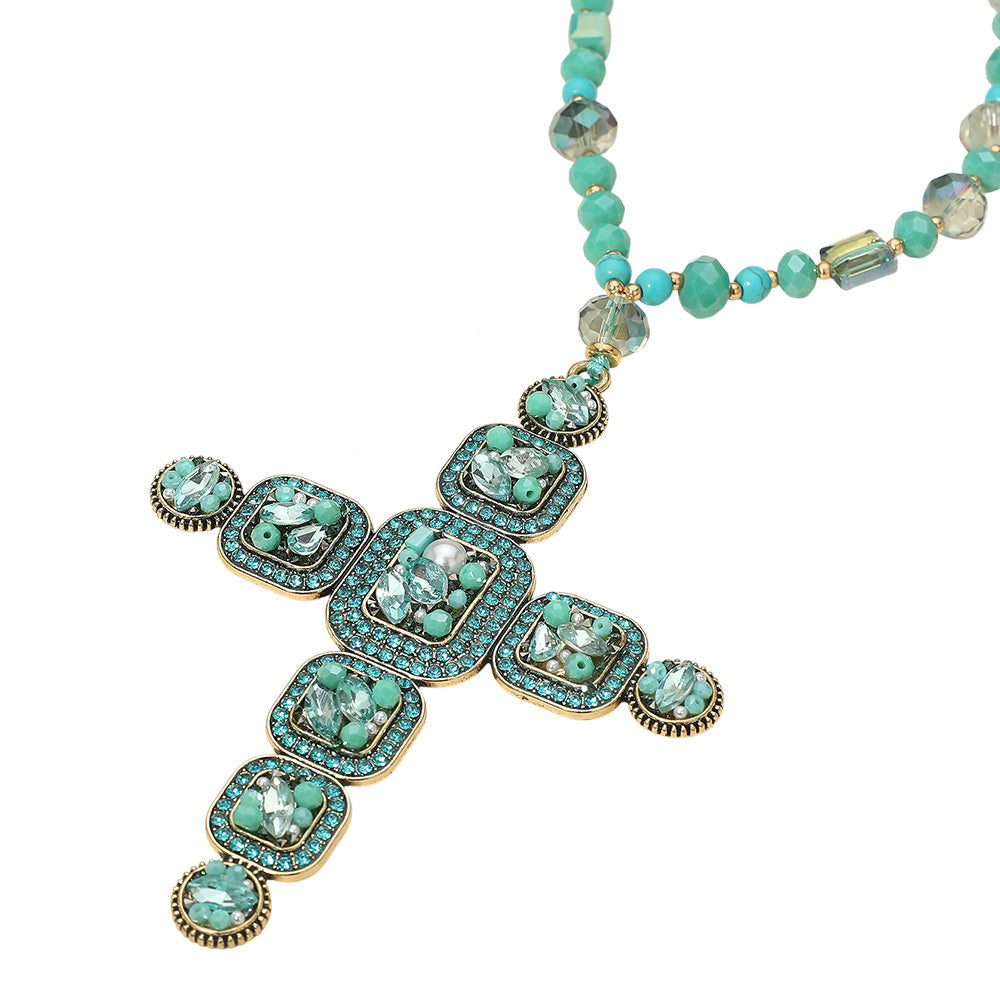 DOORBUSTER!! Oversized Crystal Cross Necklace in Turquoise