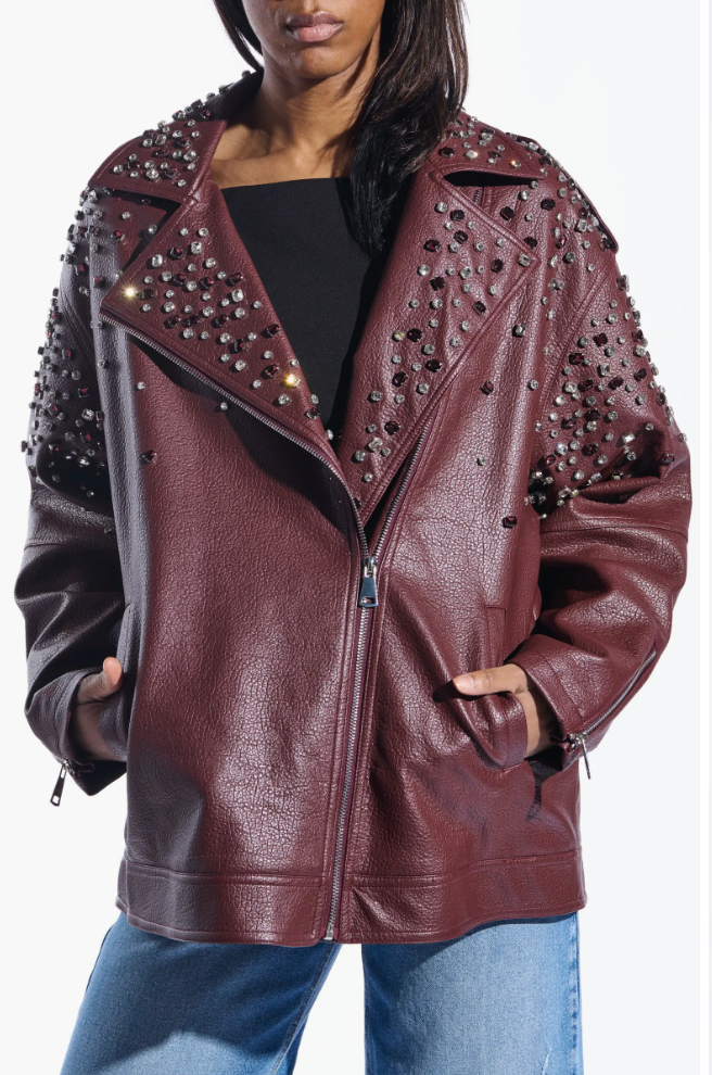 NEW!! Catrine Studded Faux Leather Jacket in Burgundy