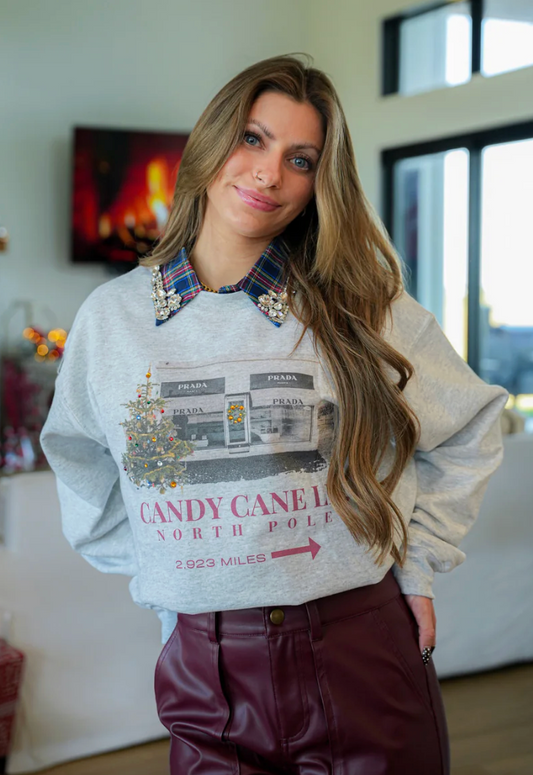 NEW!! "Candy Cane Marfa" Rhinestone Sweatshirt in Grey - Pre Order