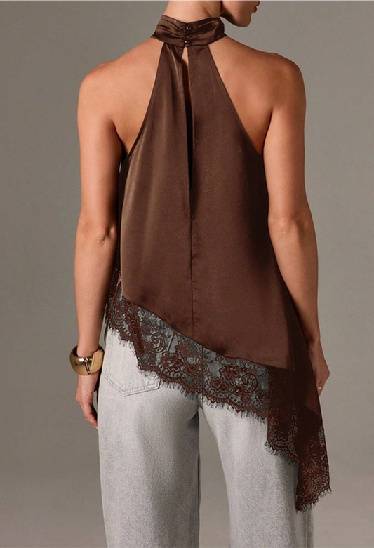 Asymmetric Lace Halter Top in Chocolate