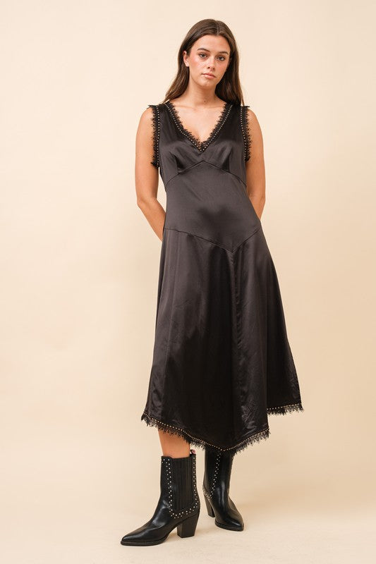 FINAL SALE!! "Callie" Satin Lace Studded Dress in Black