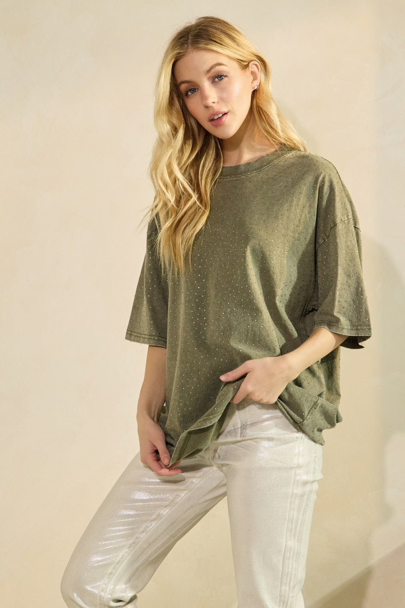 NEW!! "Brooklyn" Acid Wash Rhinestone Tee in Olive