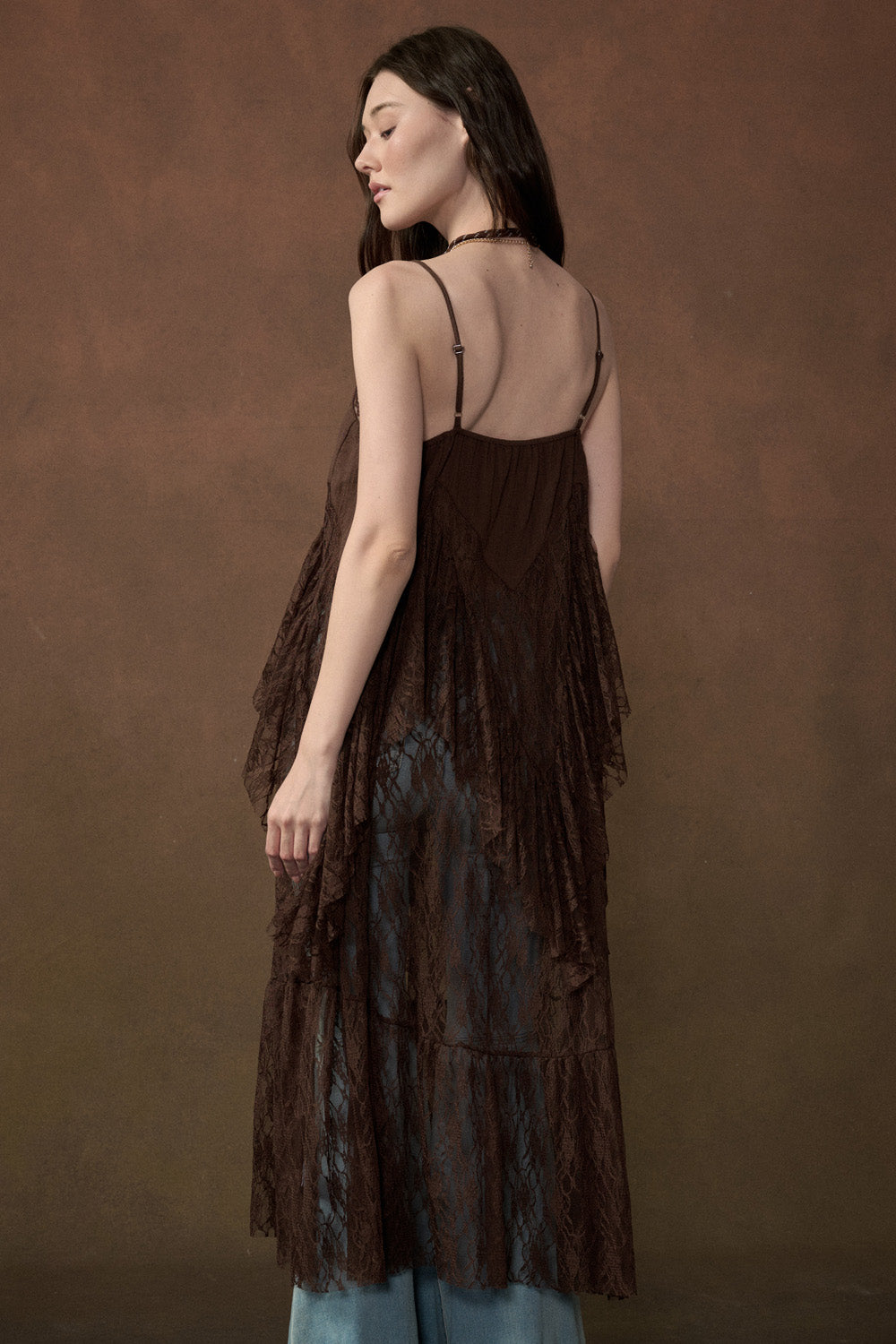 Ruffle Lace High-Low Top in Brown - PREORDER