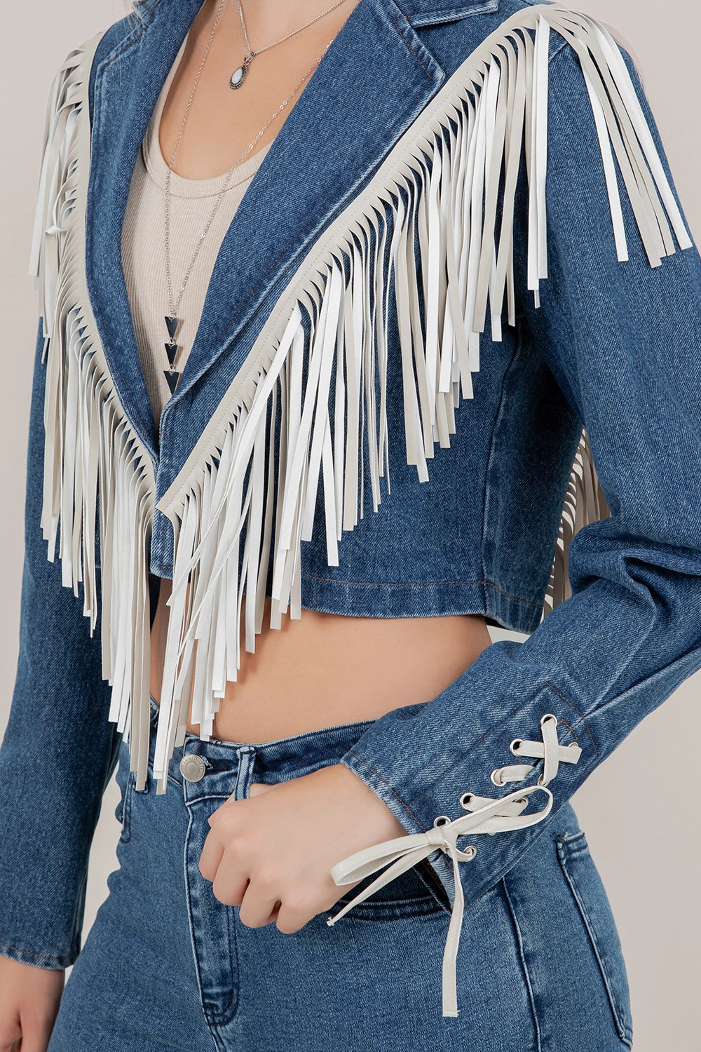 "Aspen" Cropped Fringe Denim Jacket in Medium Wash