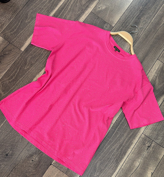 "Brooklyn" Rhinestone Tee in Hot Pink
