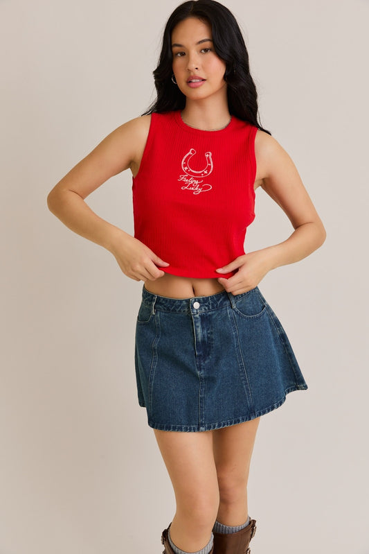 FINAL SALE!! Feeling Lucky Embroidered Tank in Red