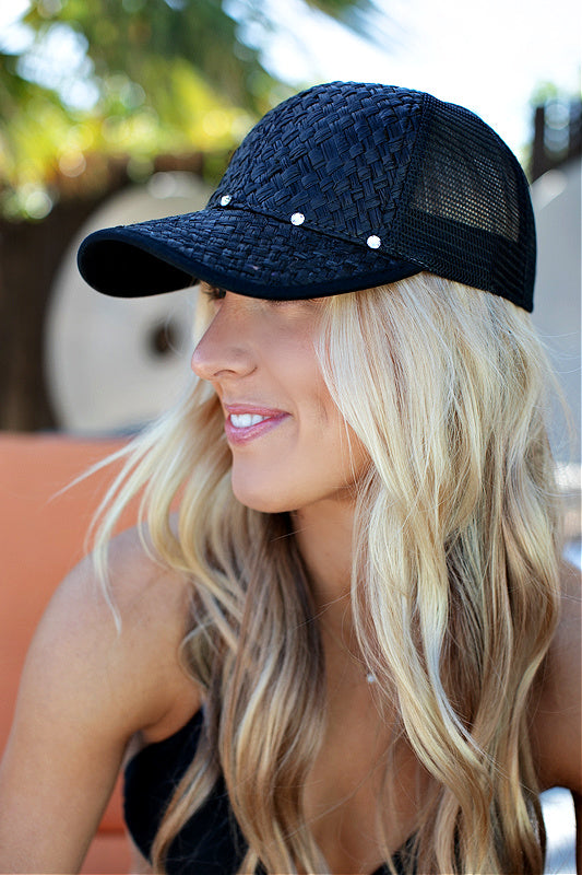 Straw and Mesh Baseball Hat in Black – Glitzy Bella