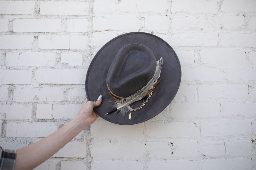 FINAL SALE!! The Navajo Feather Banded Suede Hat in Grey