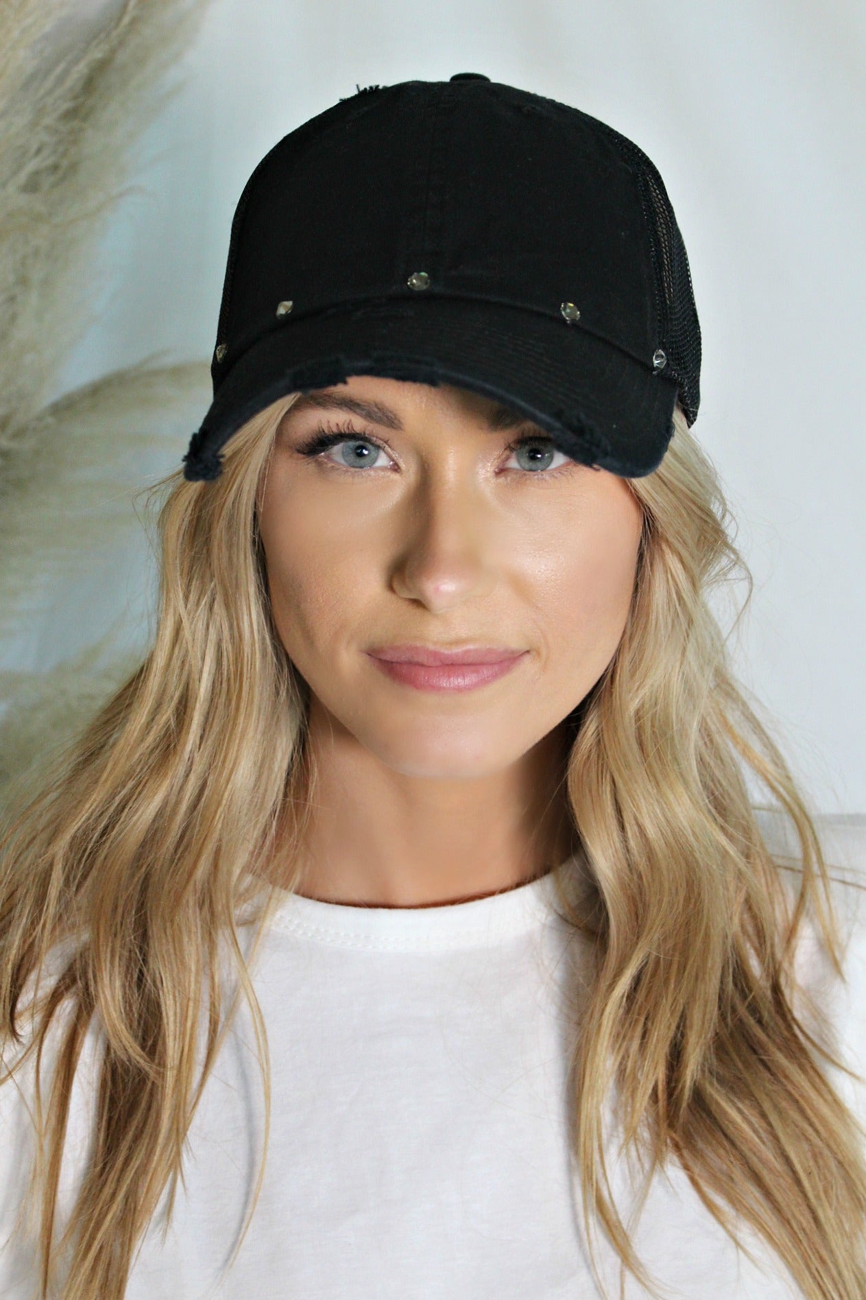 Vintage Distressed Black Ball Cap - Glitzy Bella