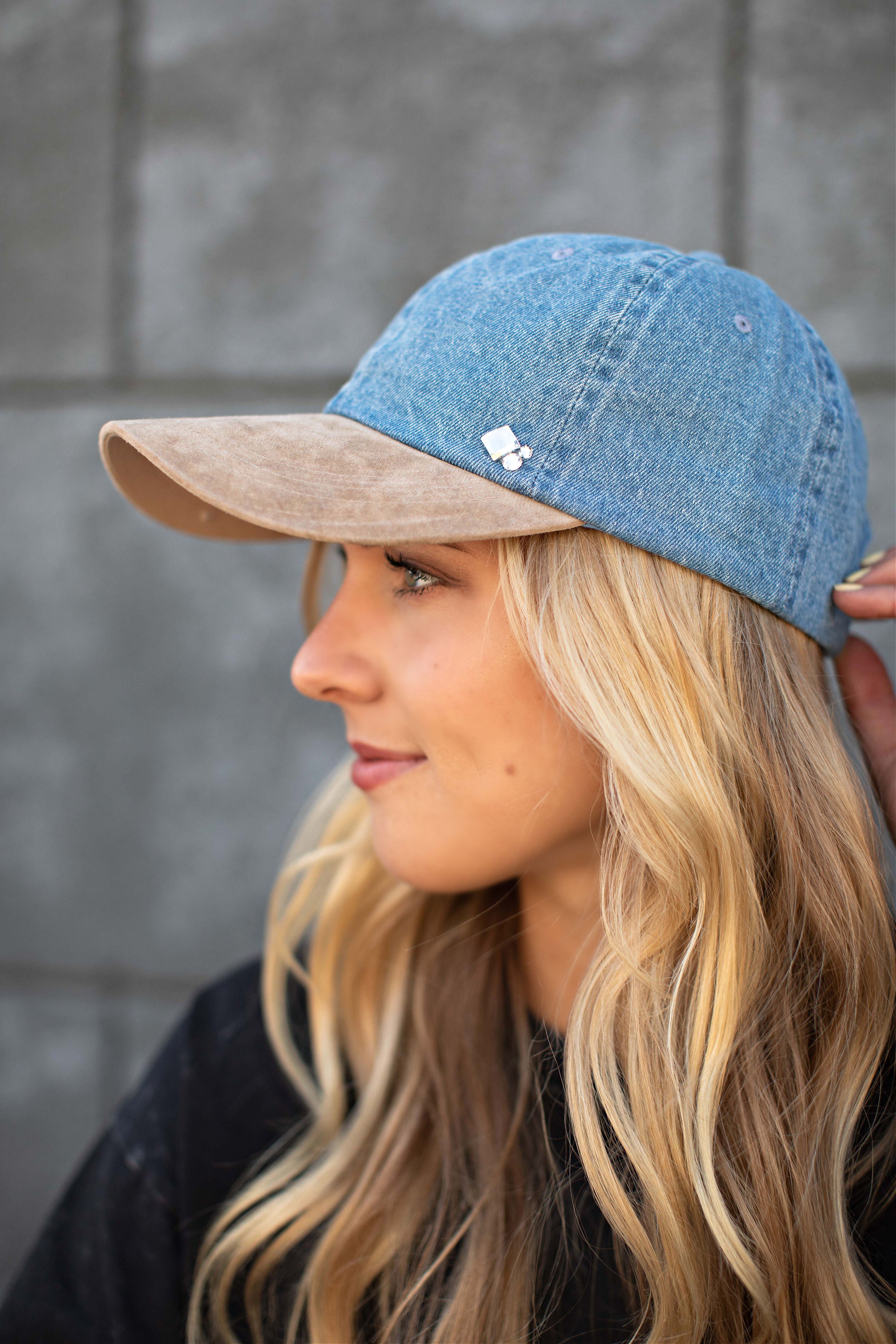 Denim & Faux Suede Ball Cap in 2 Colors