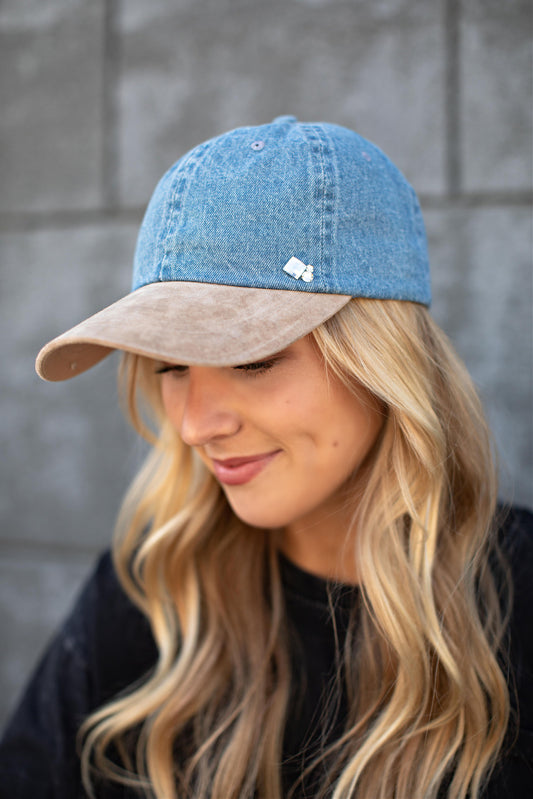 Denim & Faux Suede Ball Cap in 2 Colors