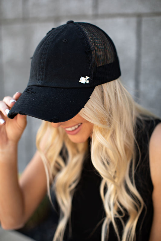 Vintage Distressed Black Ball Cap in 2 Styles