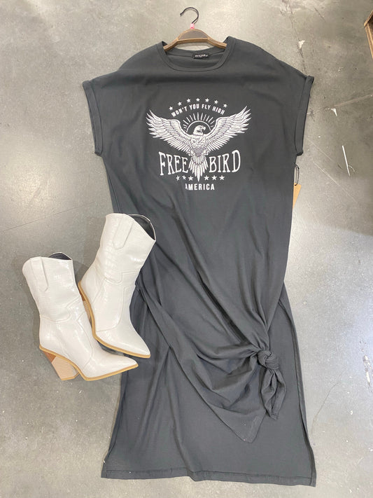 FINAL SALE!! “Freebird Eagle” Graphic T-Shirt Dress in Washed Black