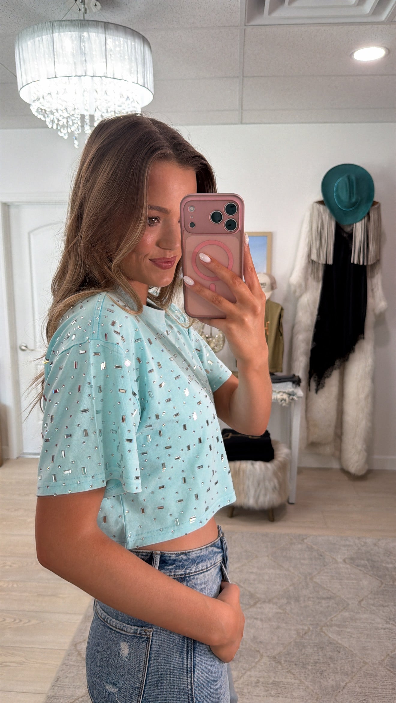 The “Houston" Cropped Rhinestone Tee in Teal