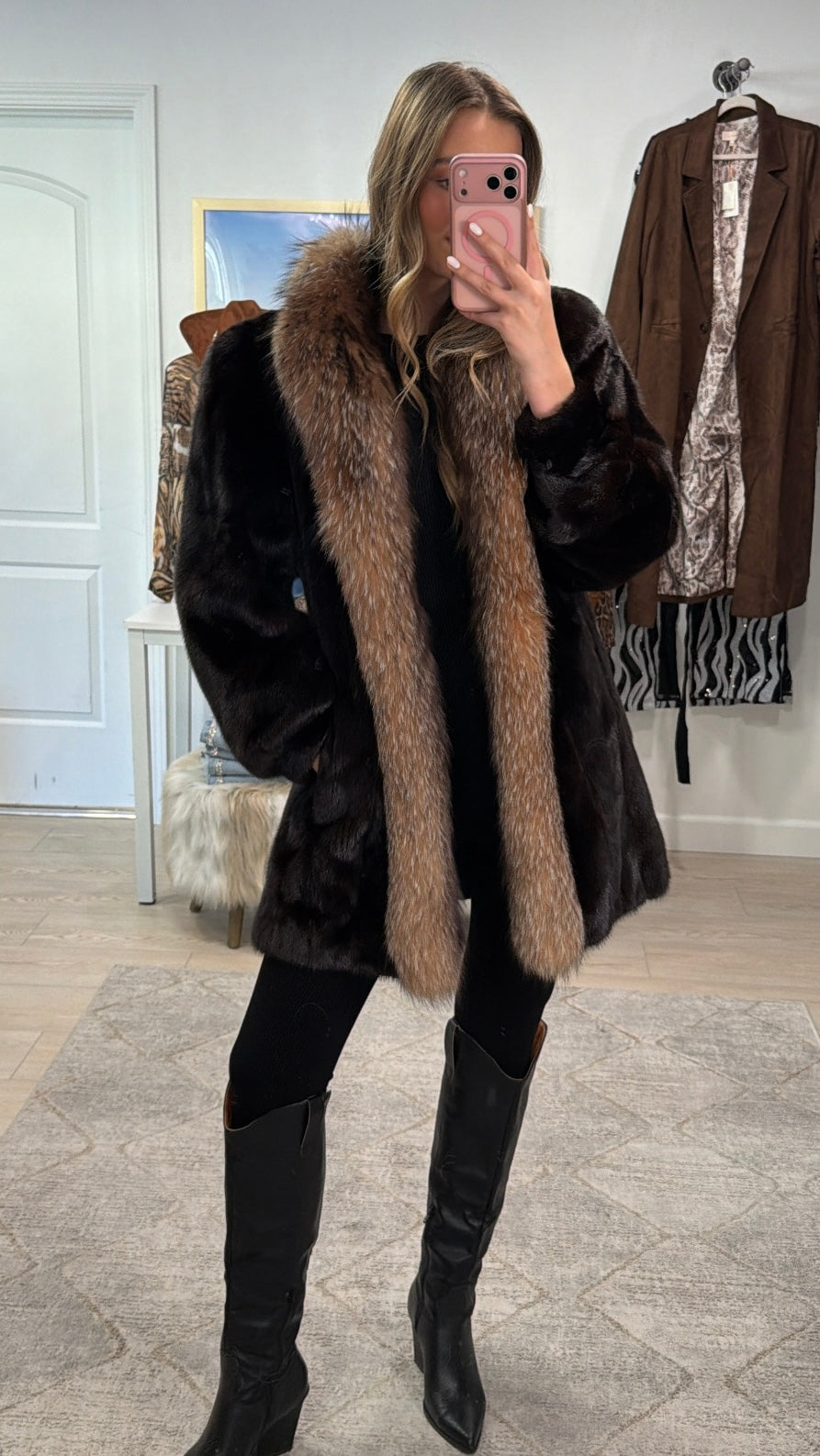 #GB12 Vintage Mahogany Mink and Crystal Fox Tuxedo Jacket