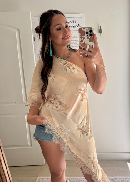 Asymmetric Lace Top in Nude Floral