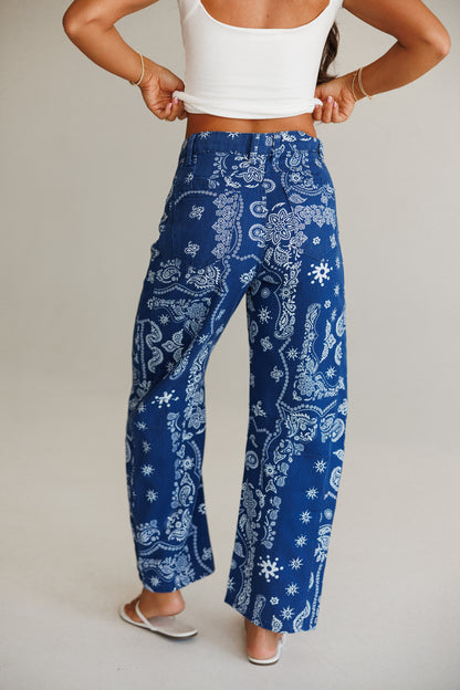 Bandana Print Barrel Leg Pants in Navy