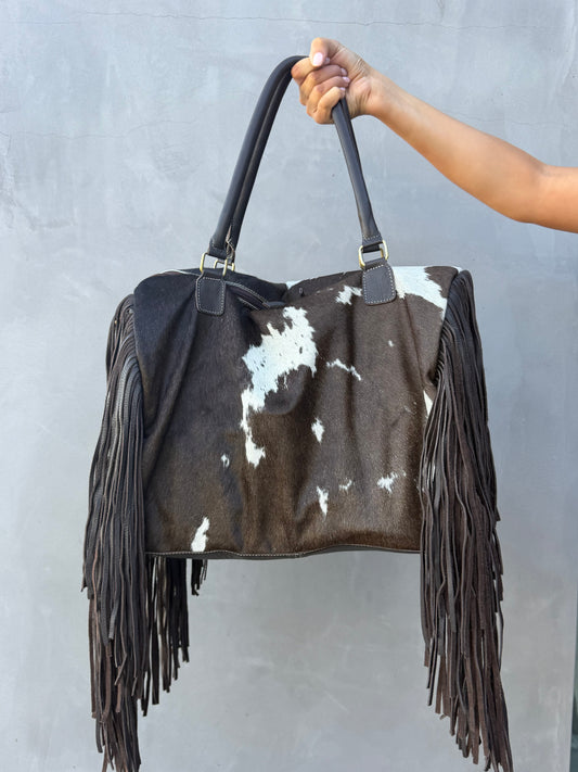 Cowhide Fringe Weekender Bag - Dark Brown