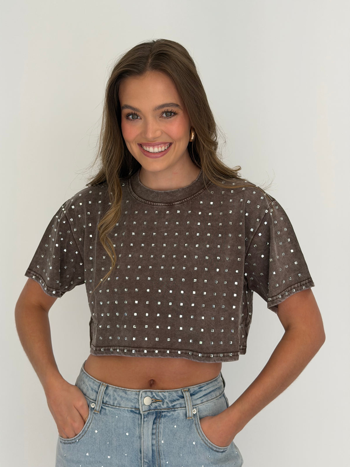 FINAL SALE!! The “Dallas" Cropped Rhinestone Tee in Brown