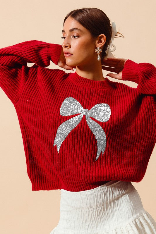 FINAL SALE!! Sequin Bow Ribbed Sweater in Red