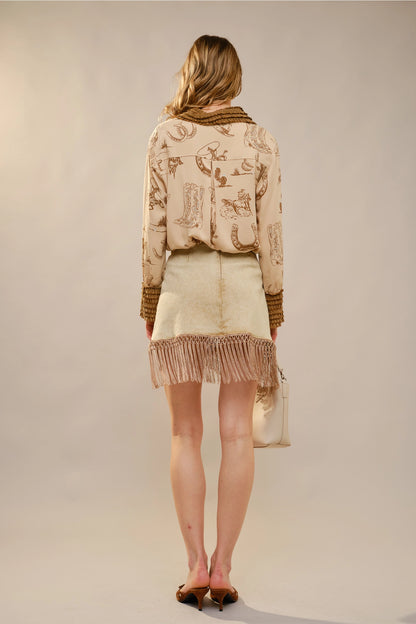 NEW!! Denim Fringe Wrap Skirt in Tan