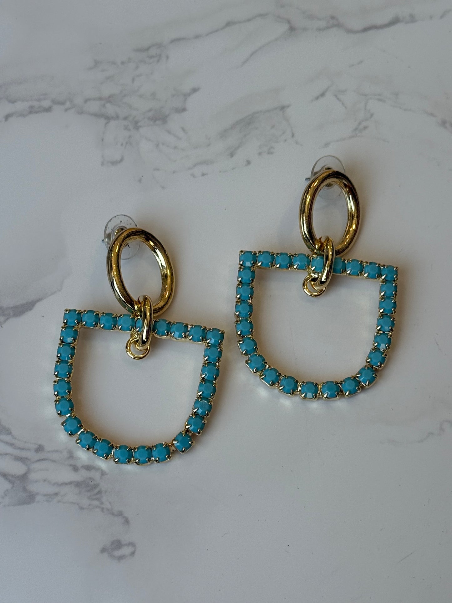 Horsebit and Turquoise Rhinestone Earrings in Gold