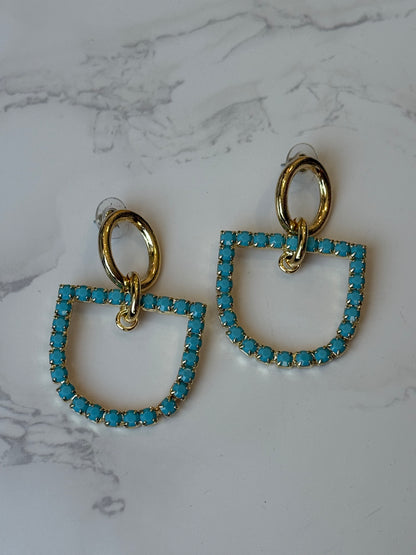 Horsebit and Turquoise Rhinestone Earrings in Gold