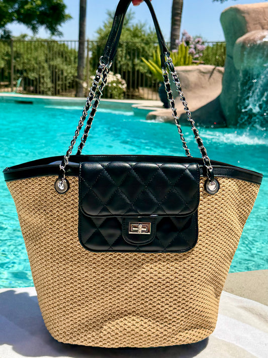 "Portofino" Straw Tote in Black