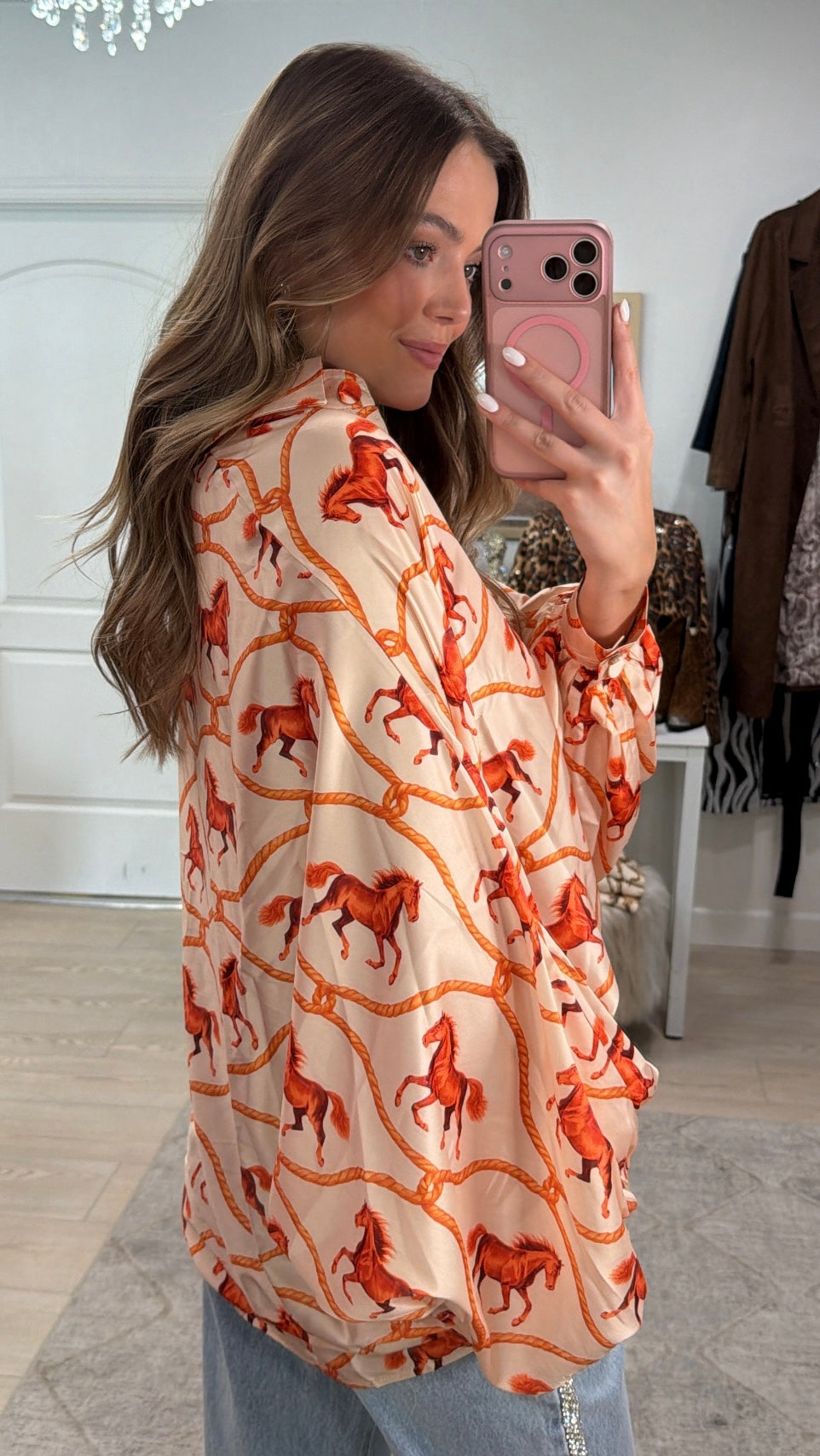Horseprint Satin Top in Coral