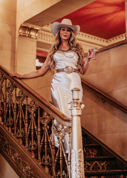 NEW!! "Gilded Girl" Silver Satin Maxi Dress