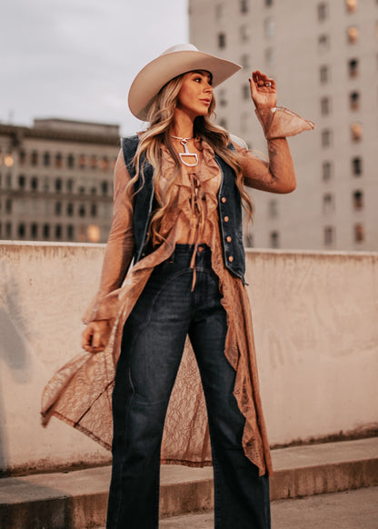 NEW!! Sheer Lace Ruffle Duster in Nude