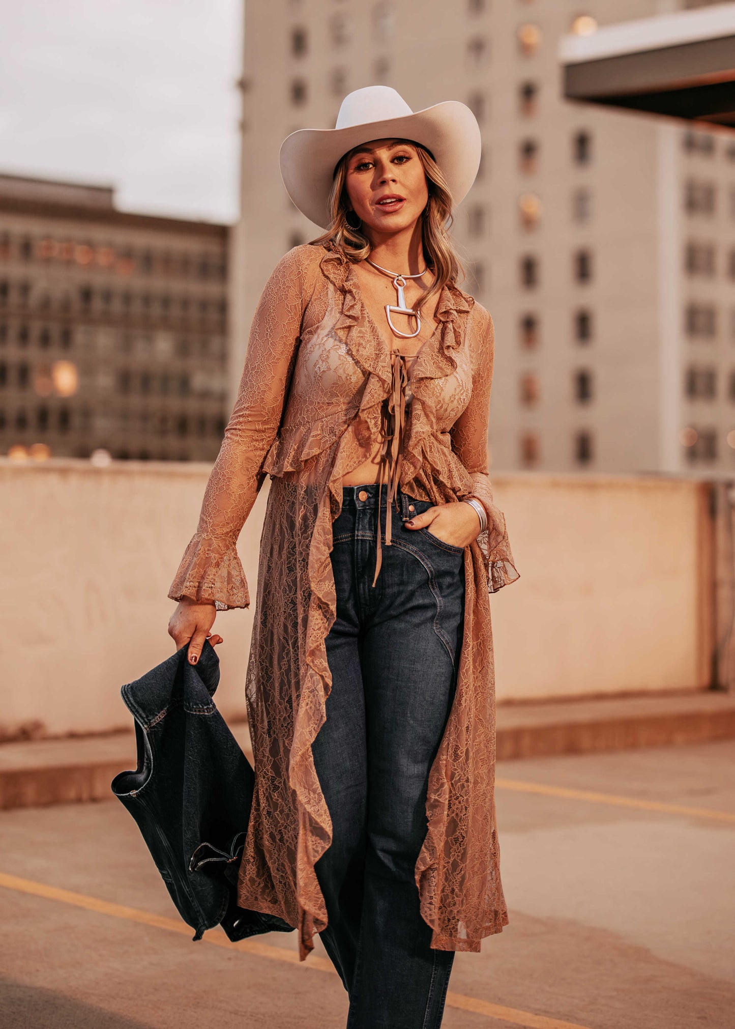 NEW!! Sheer Lace Ruffle Duster in Nude