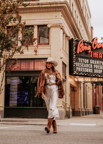 NEW!! "Gilded Girl" Silver Satin Maxi Dress