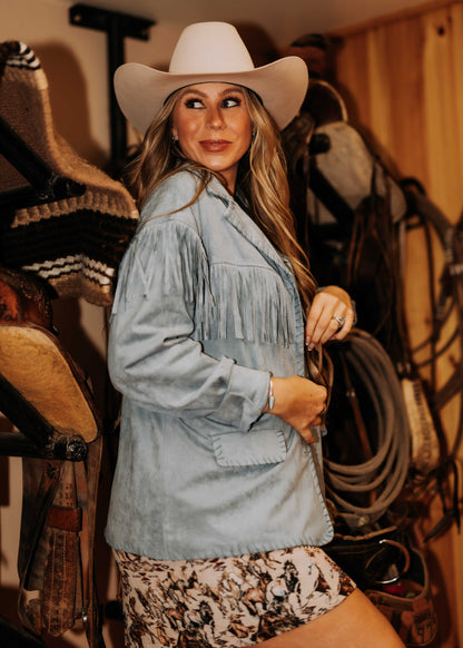 NEW!! "Front Runner" Faux Suede Fringe Jacket in Blue