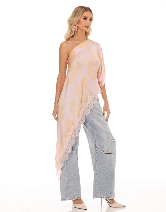 Asymmetric Lace Top in Pink Floral