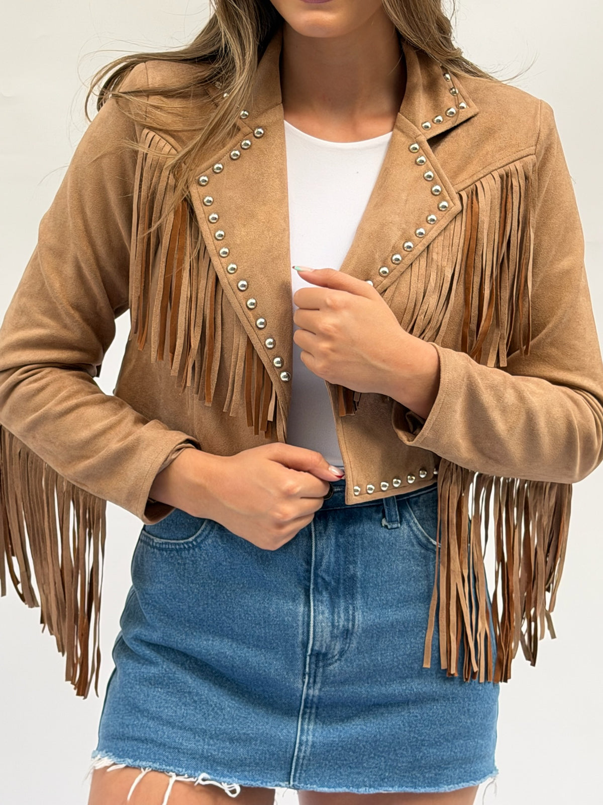 The Maverick Cropped Stud Jacket in Tan