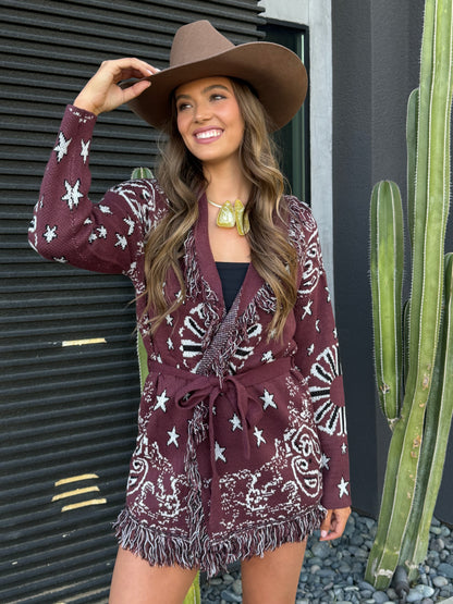 Sonora Fringe Wrap Cardigan in Burgundy
