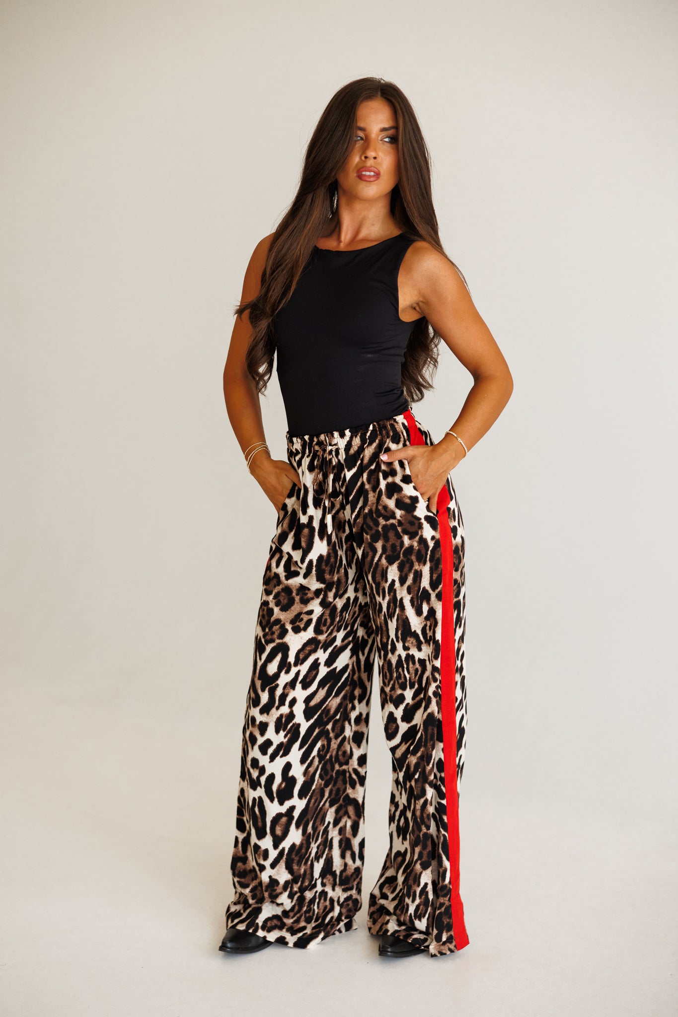 Leopard Straight Leg Pants With Red Stripes