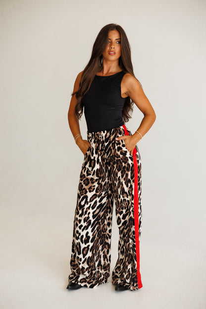 Leopard Straight Leg Pants With Red Stripes