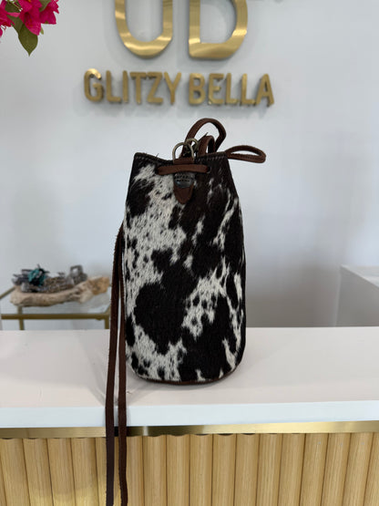 Brown and White Cowhide Bucket Bag Medium Drawstring w/ Studded Strap