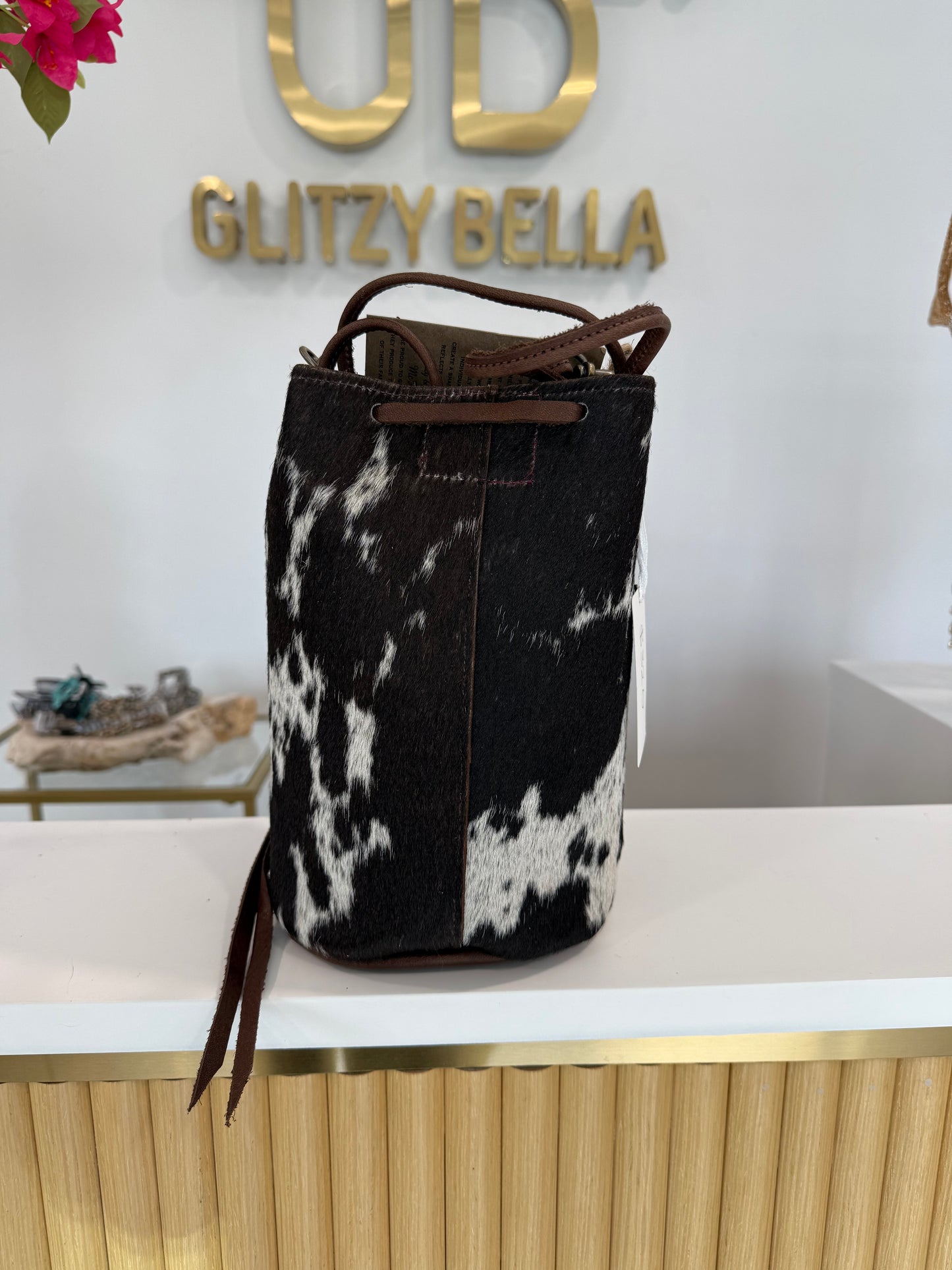 Brown and White Cowhide Bucket Bag Medium Drawstring w/ Studded Strap