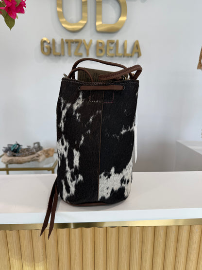 Brown and White Cowhide Bucket Bag Medium Drawstring w/ Studded Strap