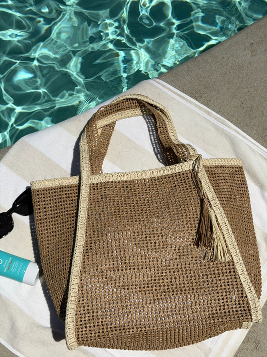 "Cannes Coast" Straw Tote Bag in Tan