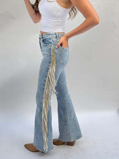 High Rise Fringe Jeans in Light Wash