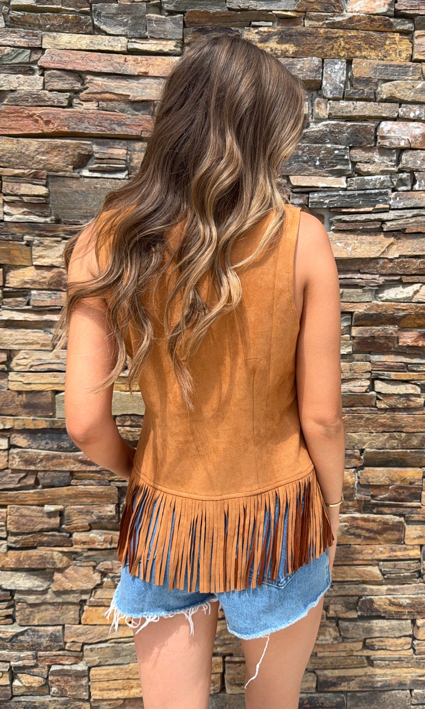 Fringe Suede Vest in Camel