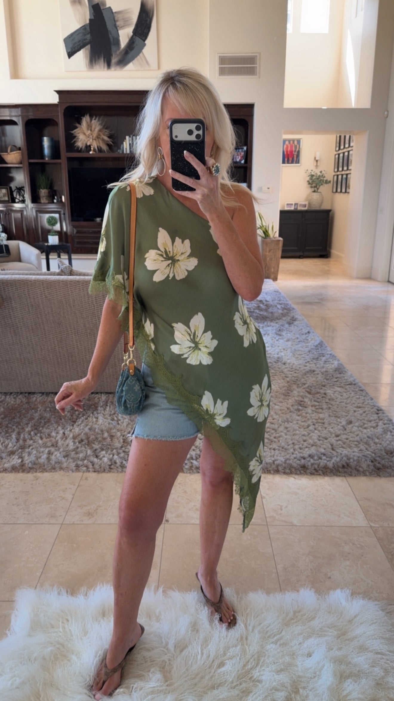 Asymmetric Lace Top in Green Floral