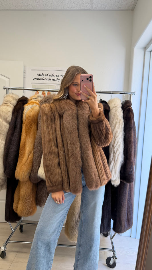 #14 Vintage Corded Pastel Mink Jacket w/ Fox Tuxedo Size Small