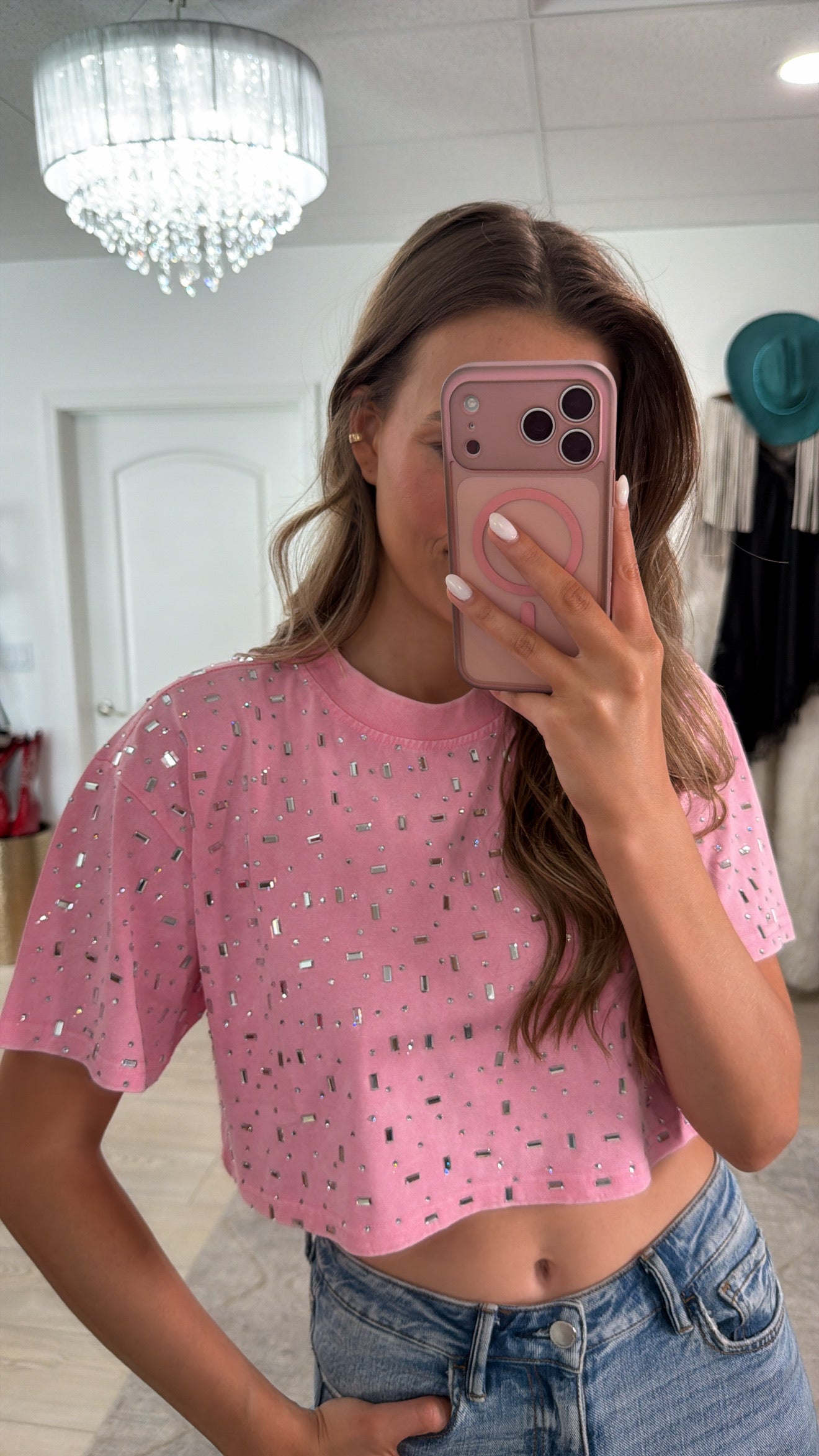 The “Houston" Cropped Rhinestone Tee in Pink