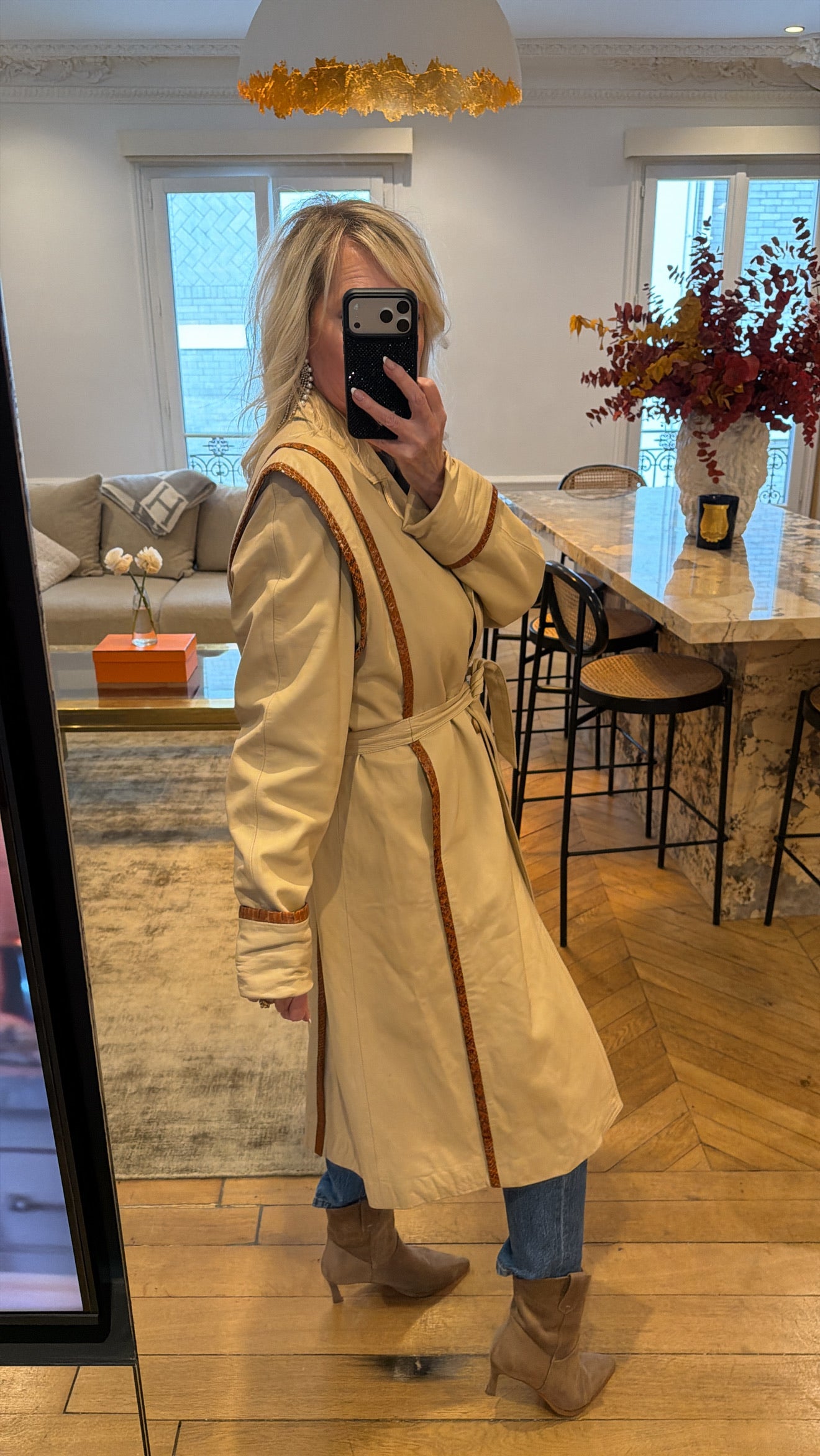 NEW!! Vintage Leather Trench w/ Snakeskin Trim Size Medium